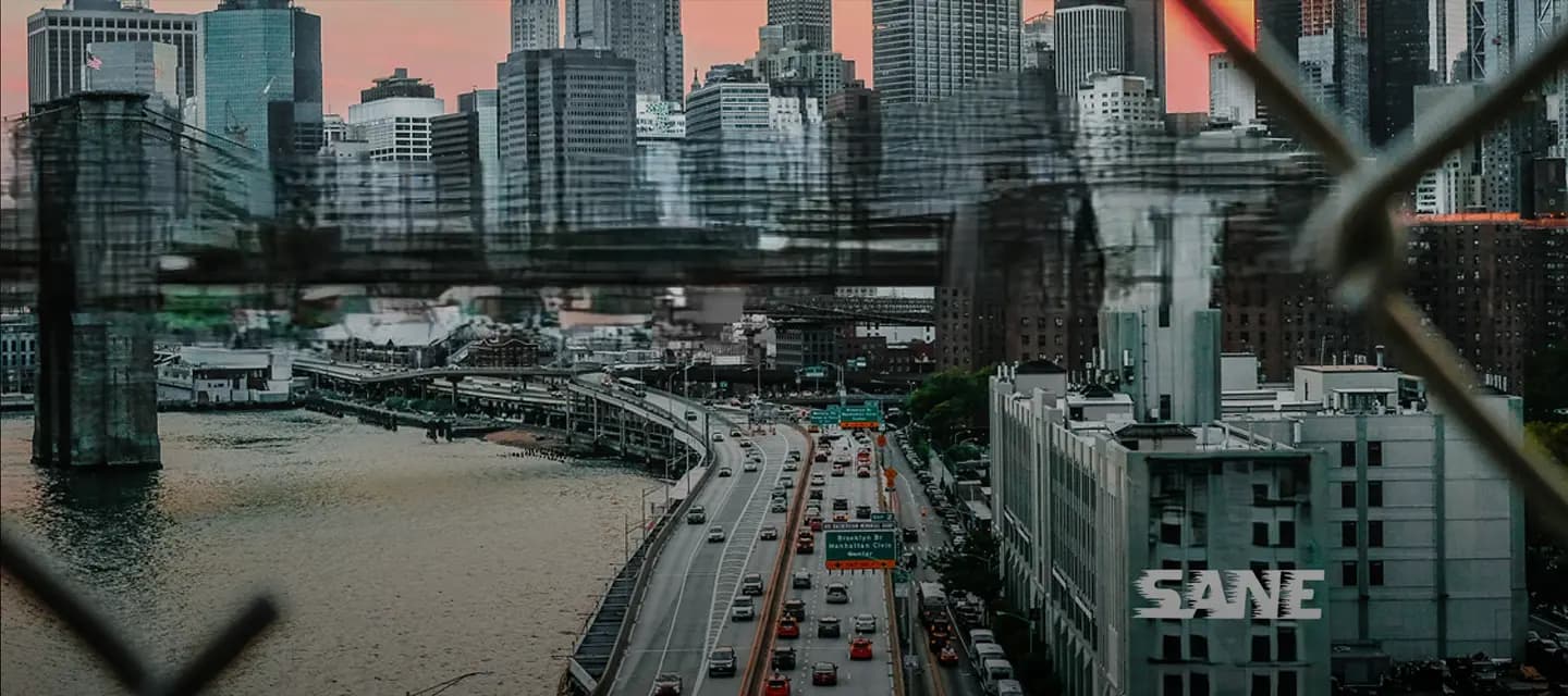 Cityscape with highway and buildings